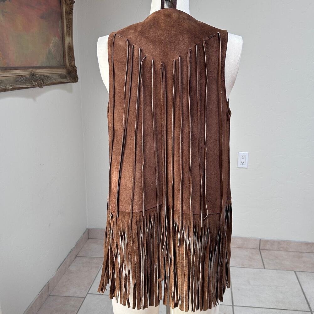 70s genuine suede fringe vest brown western festival boho vintage women M L - Picture 9 of 13